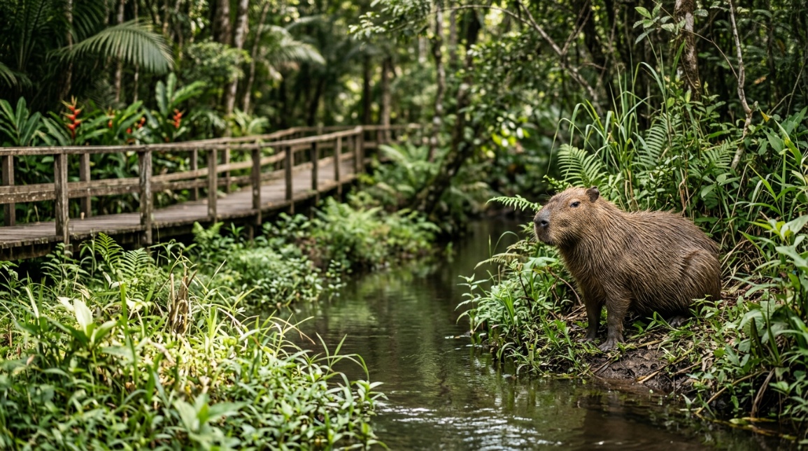 Área verde urbana às margens de curso d'água — habitat de capivaras